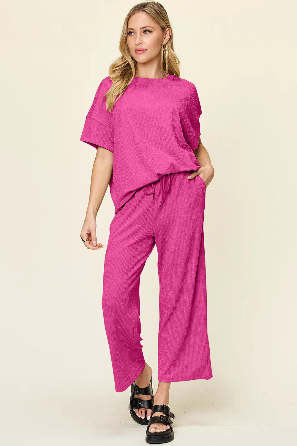 Double Take Full Size Texture Round Neck Short Sleeve T-Shirt and Wide Leg Pants-Stay Foxy Boutique, Florissant, Missouri