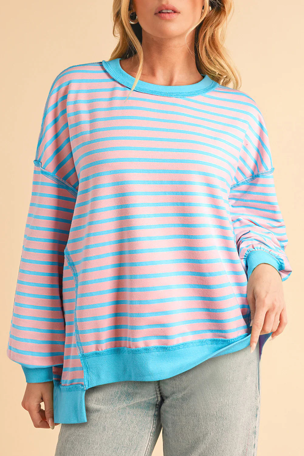 Color Clash Drop Shoulder Long Sleeve-Womens-Stay Foxy Boutique, Florissant, Missouri