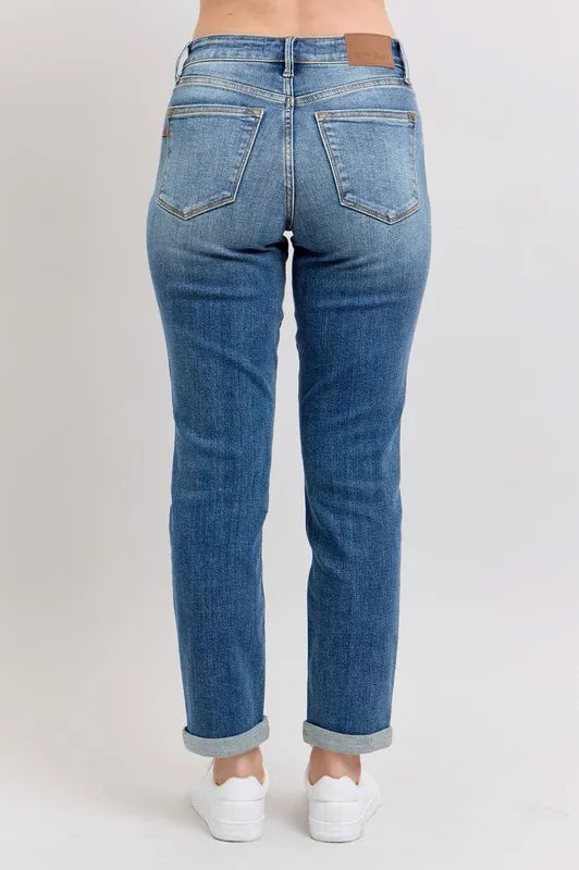 Judy Blue Full Size Mid Rise Skinny Cuff Jeans with Pockets Plus Size-Stay Foxy Boutique, Florissant, Missouri