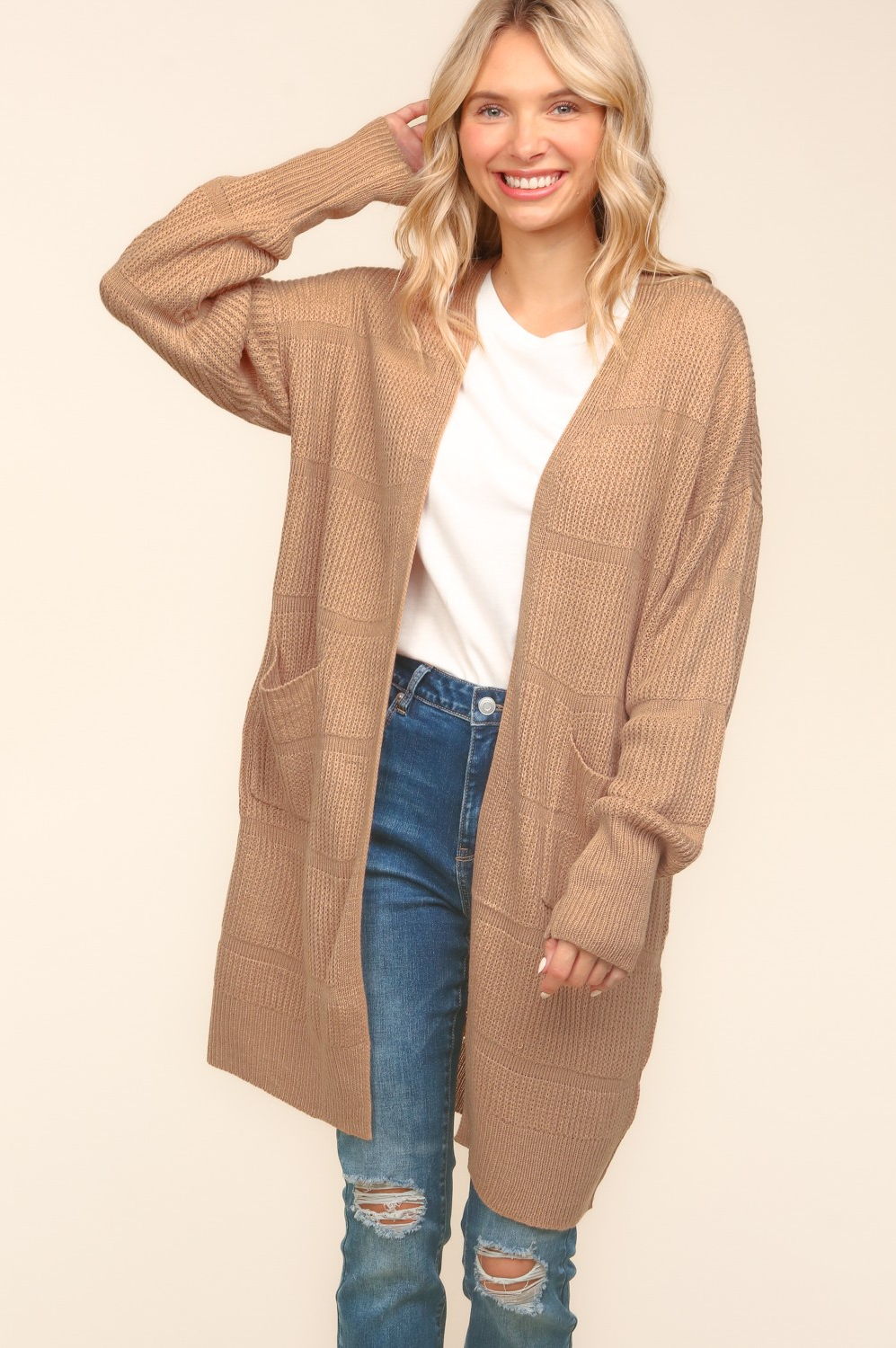 Stripe Textured Open Cardigan with Pockets in Taupe-Womens-Stay Foxy Boutique, Florissant, Missouri