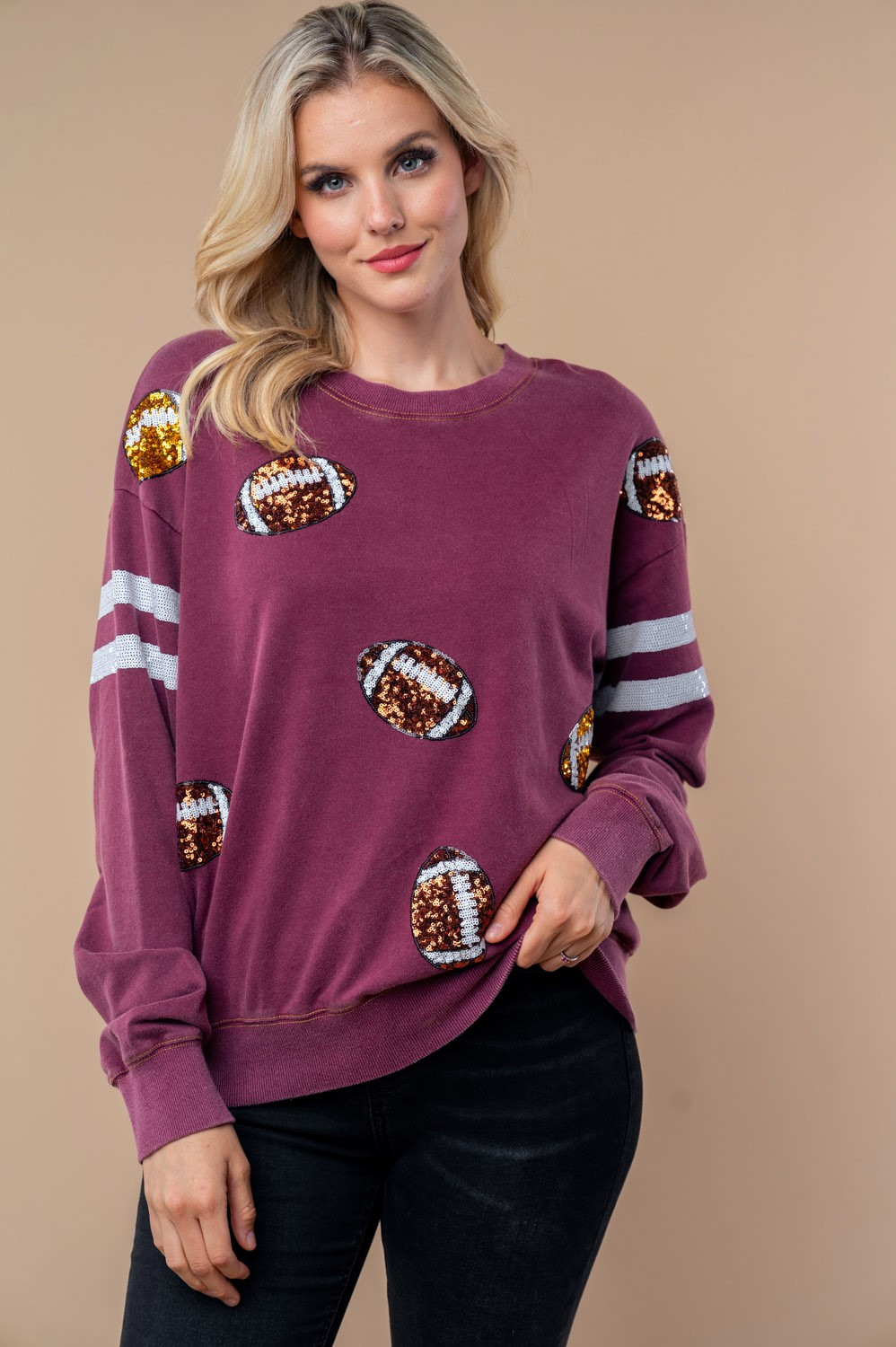 Sequin Football Long Sleeve Knit Top-Womens-Stay Foxy Boutique, Florissant, Missouri