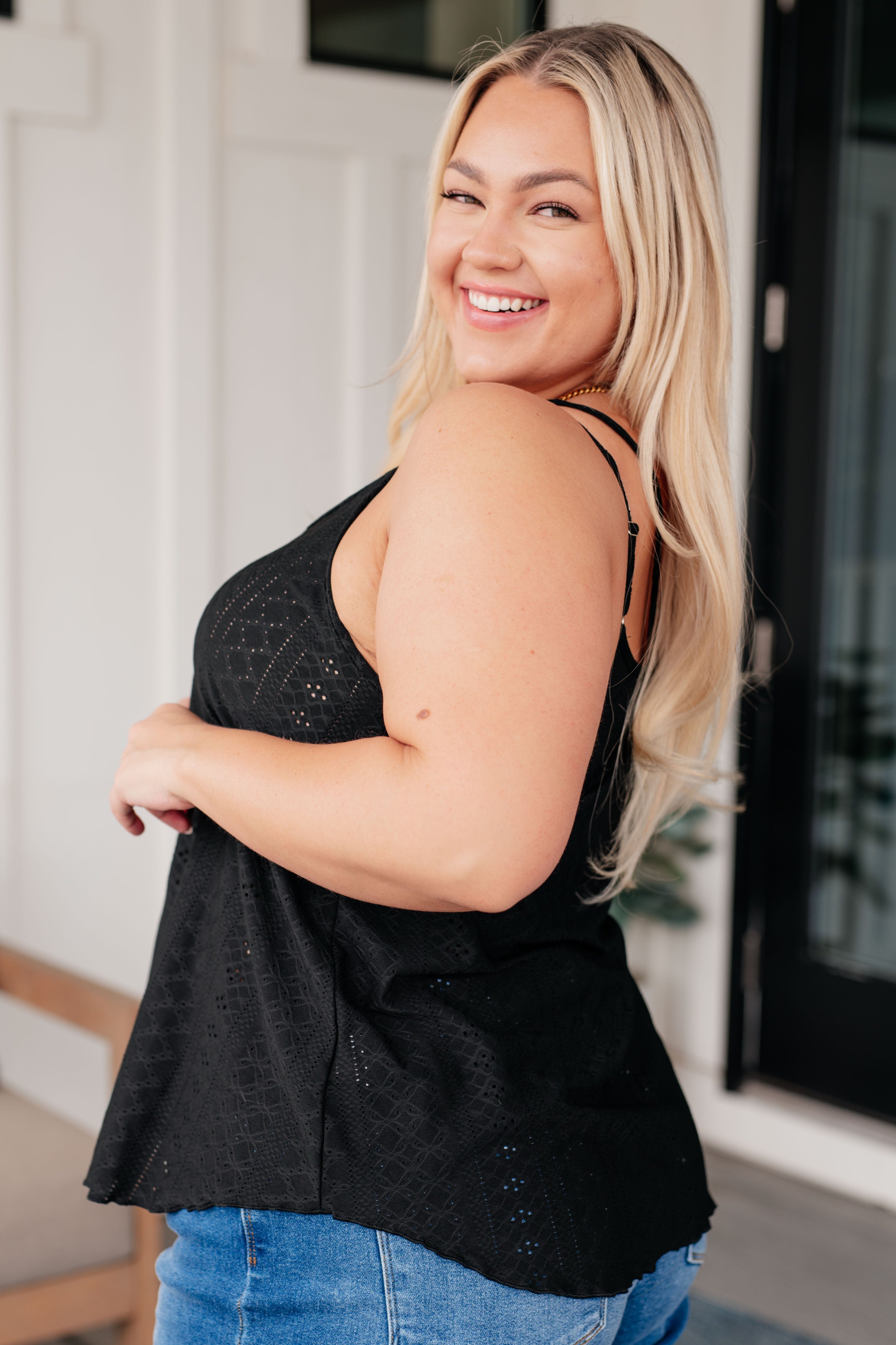 Eye on the Prize Eyelet Tank in Black-Tops-Stay Foxy Boutique, Florissant, Missouri