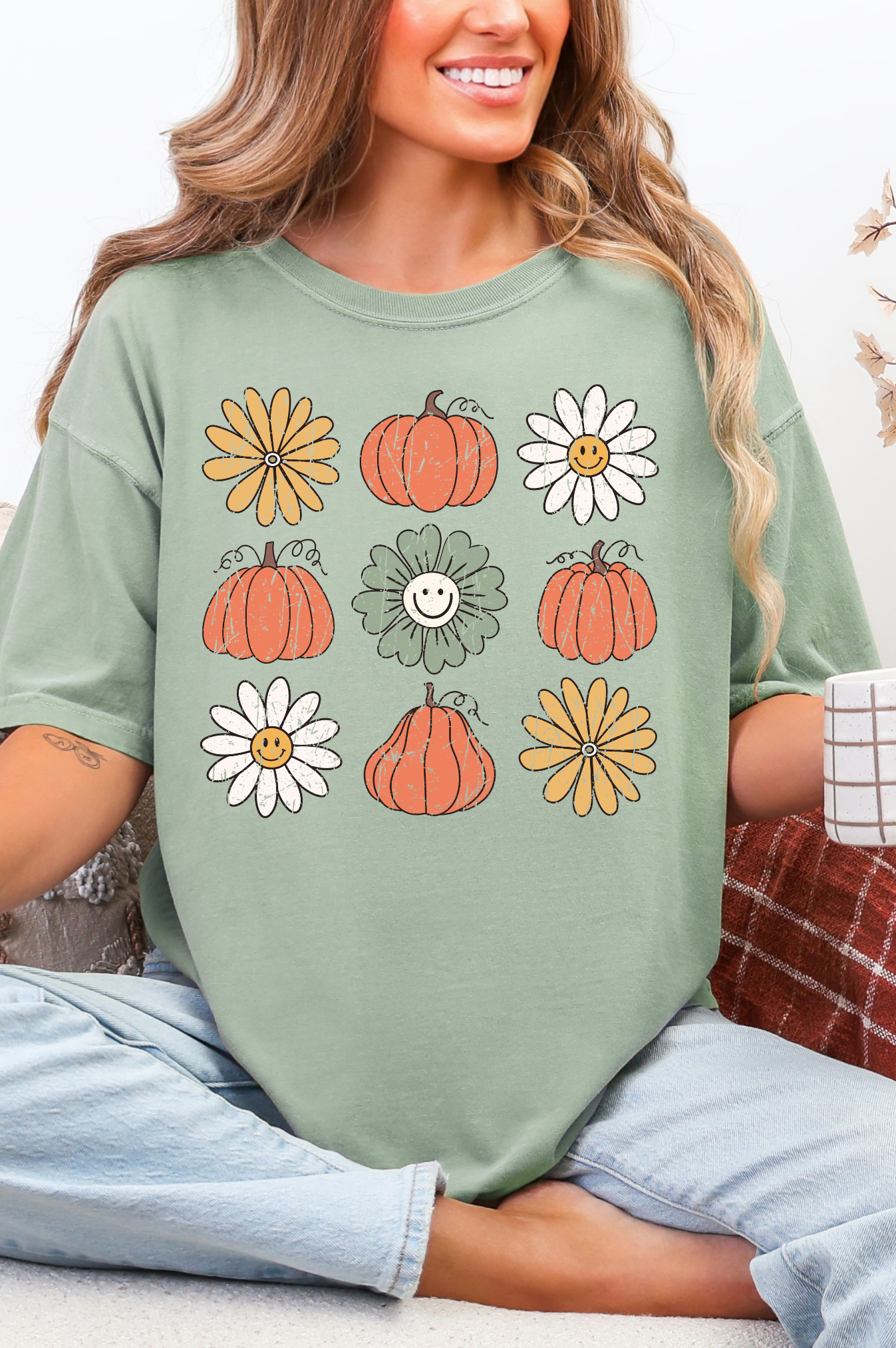 Pumpkin Flowers Retro Graphic Shirt-Womens-Stay Foxy Boutique, Florissant, Missouri