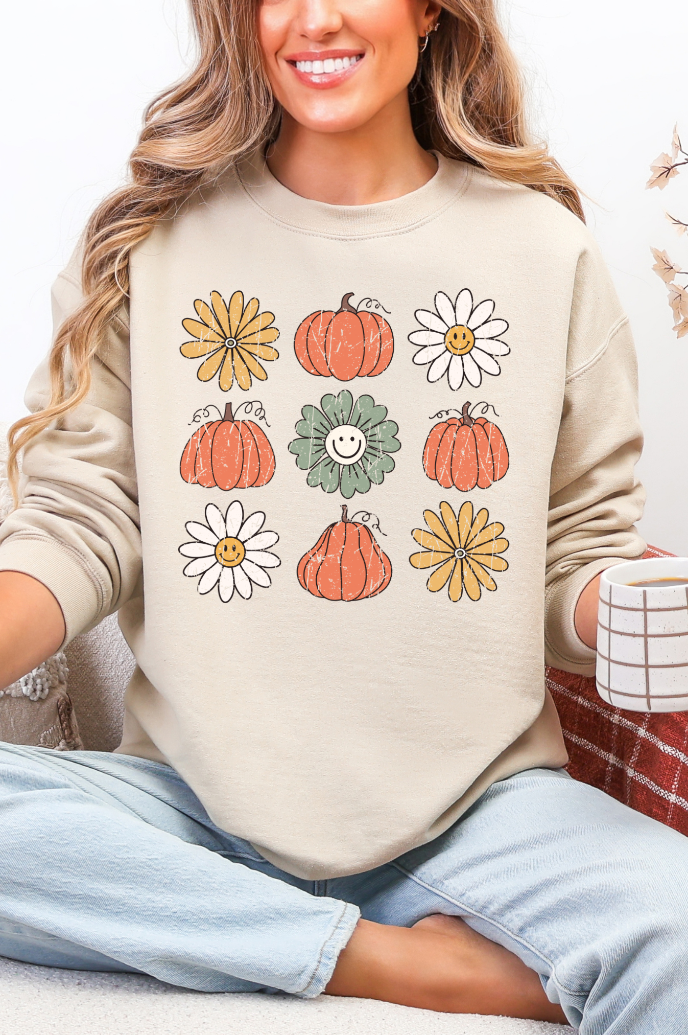 Pumpkin Flowers Retro Sweatshirt-Womens-Stay Foxy Boutique, Florissant, Missouri