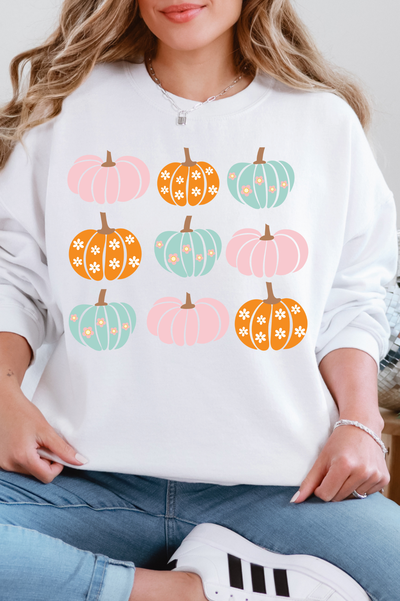 Pink Orange Blue Pumpkins Sweatshirt-Womens-Stay Foxy Boutique, Florissant, Missouri