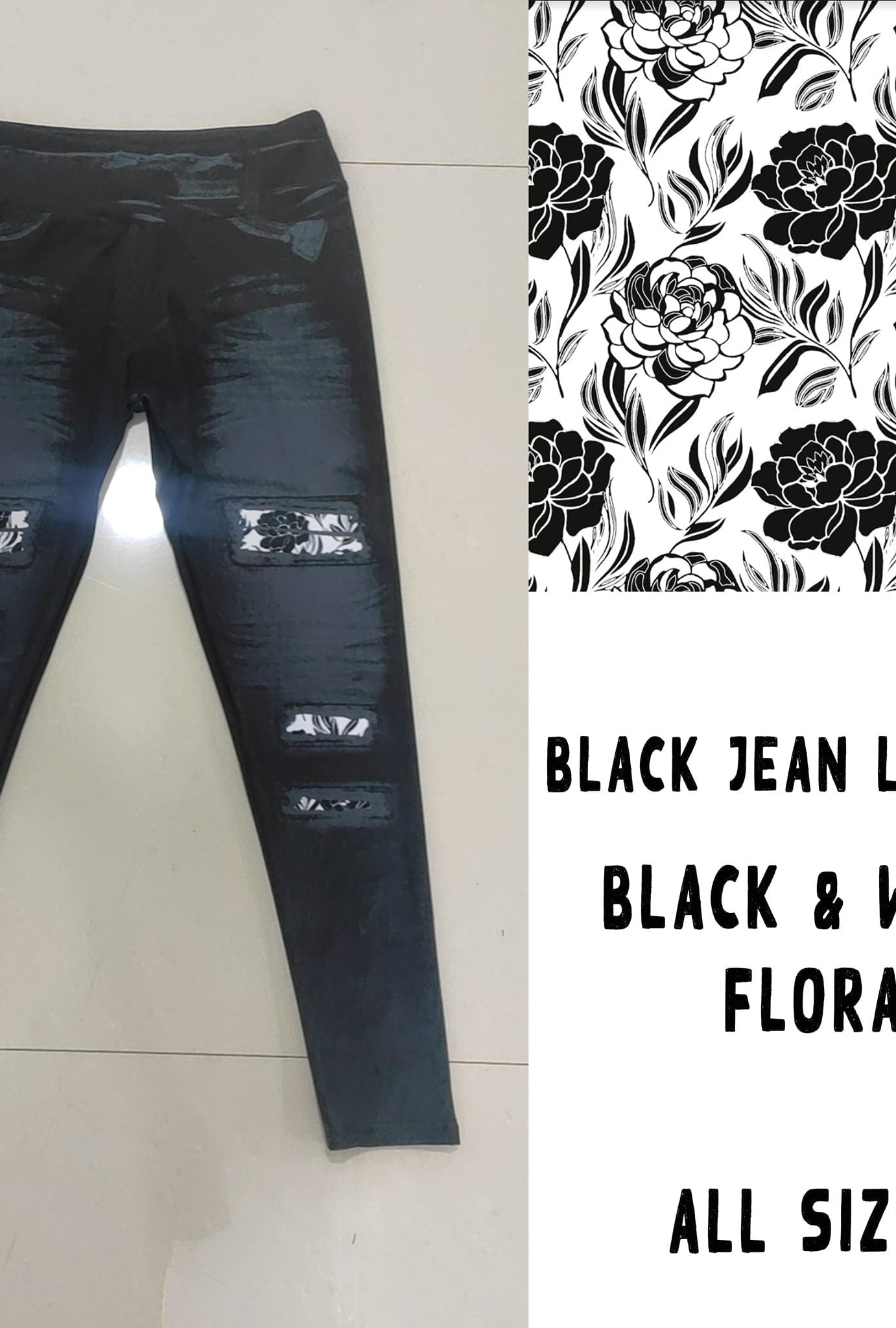 LEGGING JEAN RUN-BLACK WHITE FLORAL (ACTIVE BACK POCKETS)-Stay Foxy Boutique, Florissant, Missouri