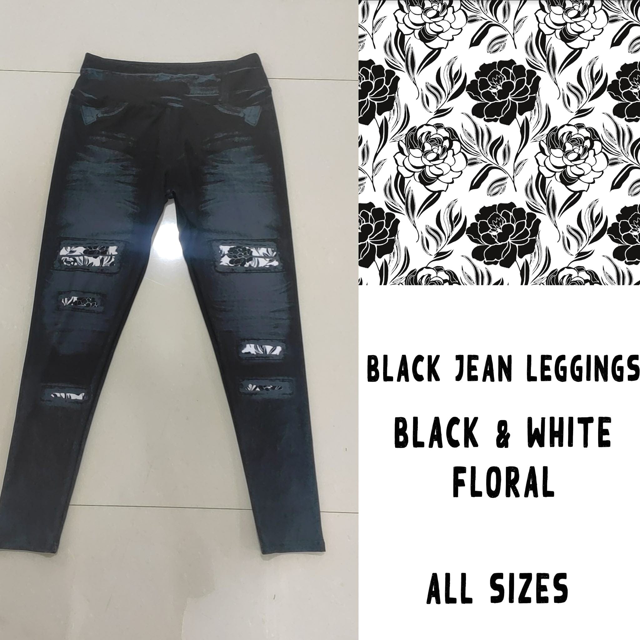 LEGGING JEAN RUN-BLACK WHITE FLORAL (ACTIVE BACK POCKETS)-Stay Foxy Boutique, Florissant, Missouri