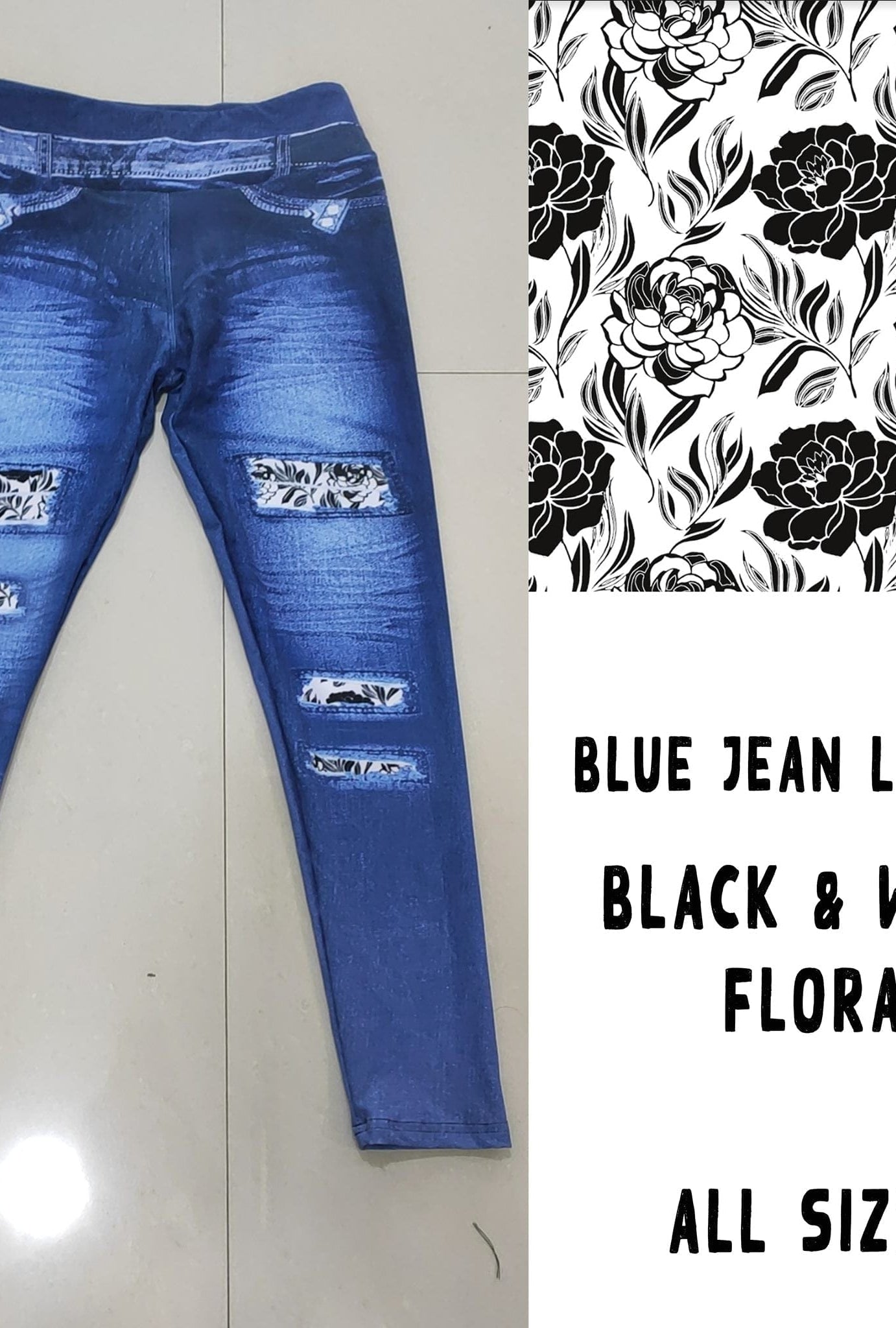 LEGGING JEAN RUN-BLACK WHITE FLORAL (ACTIVE BACK POCKETS)-Stay Foxy Boutique, Florissant, Missouri