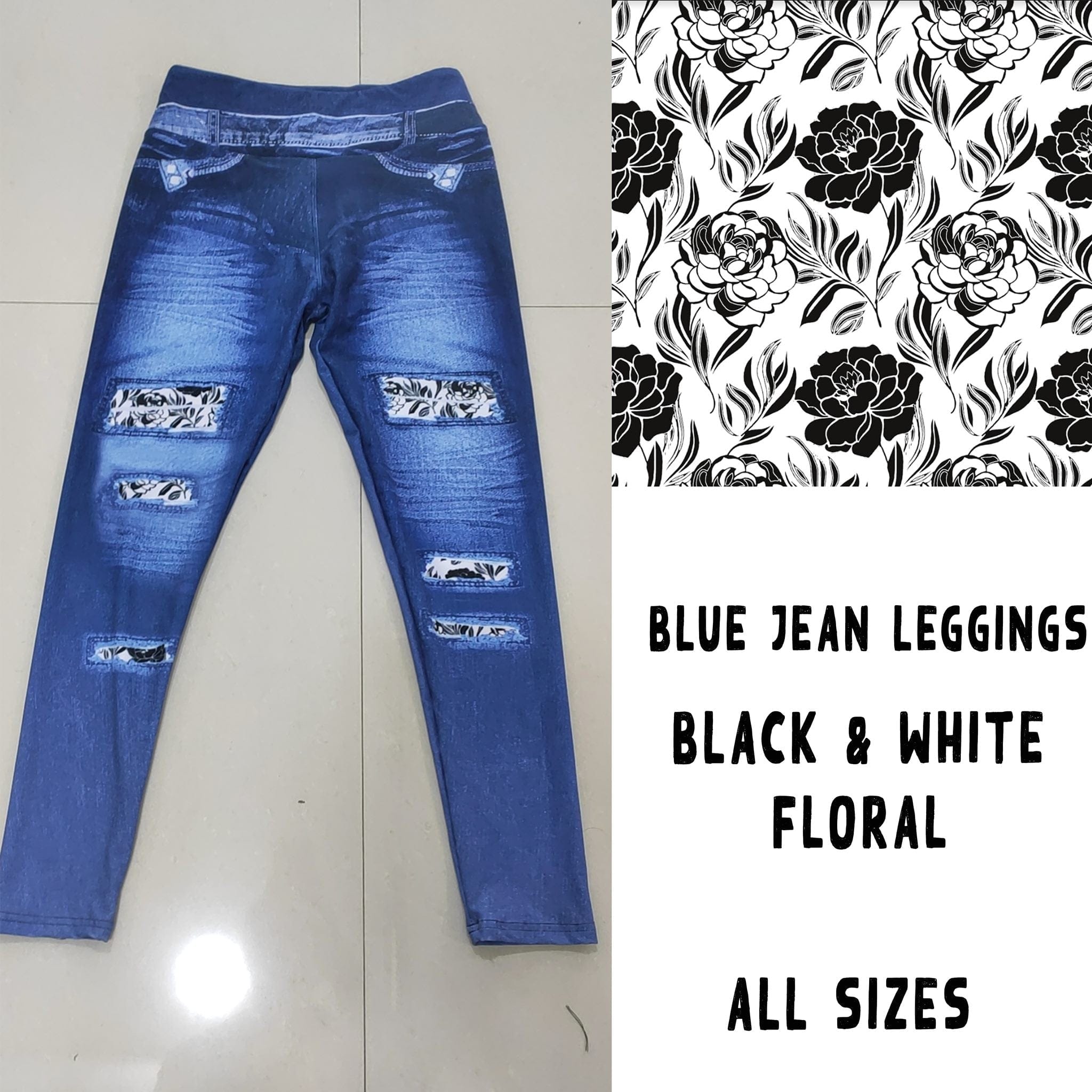 LEGGING JEAN RUN-BLACK WHITE FLORAL (ACTIVE BACK POCKETS)-Stay Foxy Boutique, Florissant, Missouri