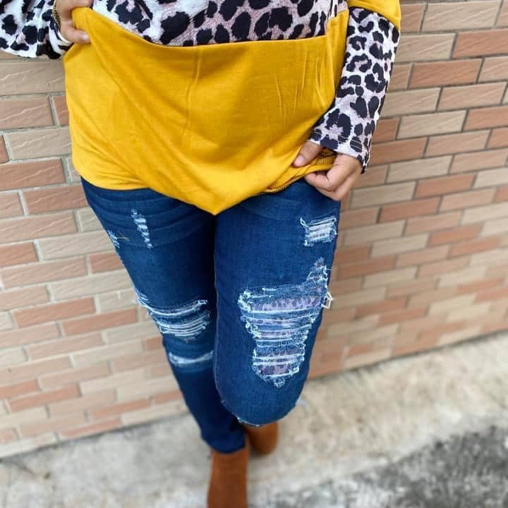 DISTRESSED STRETCH PATCH DENIM-Stay Foxy Boutique, Florissant, Missouri