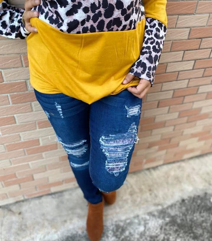 DISTRESSED STRETCH PATCH DENIM-Stay Foxy Boutique, Florissant, Missouri