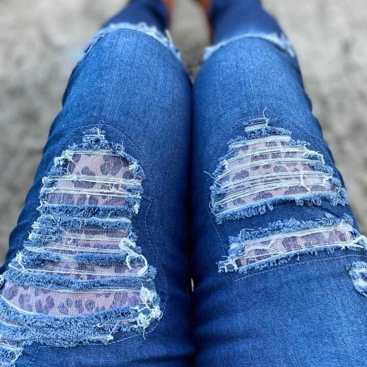 DISTRESSED STRETCH PATCH DENIM-Stay Foxy Boutique, Florissant, Missouri
