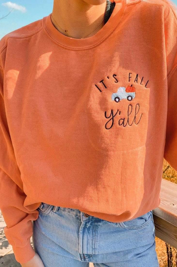 It's Fall Y'all Embroidered Sweatshirt in Two Colors-Womens-Stay Foxy Boutique, Florissant, Missouri