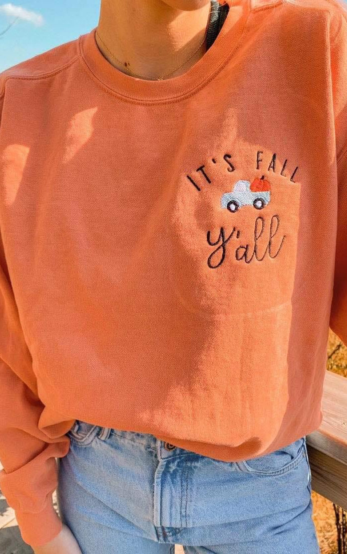 It's Fall Y'all Embroidered Sweatshirt in Two Colors-Womens-Stay Foxy Boutique, Florissant, Missouri