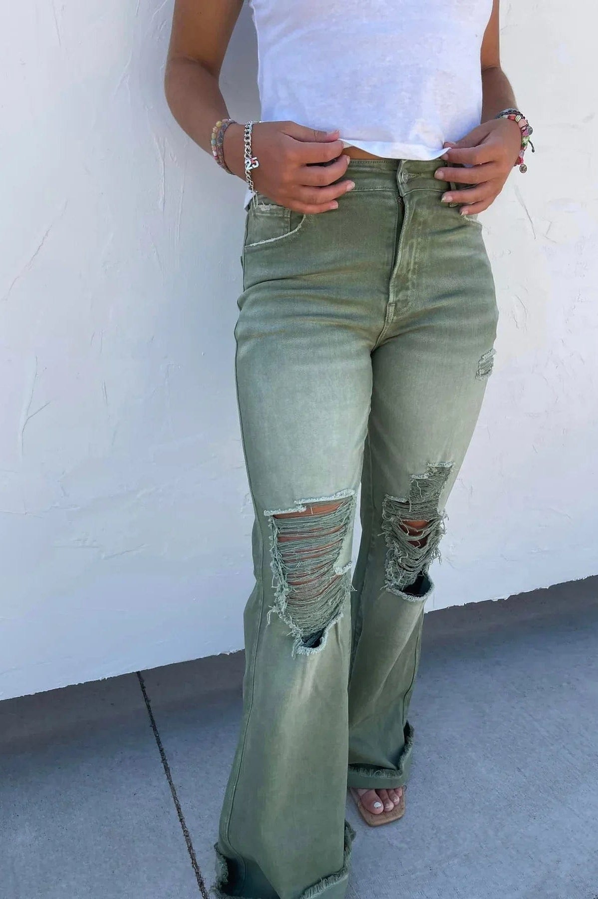 PREORDER: Blakeley Distressed Jeans In Olive and Camel-Womens-Stay Foxy Boutique, Florissant, Missouri