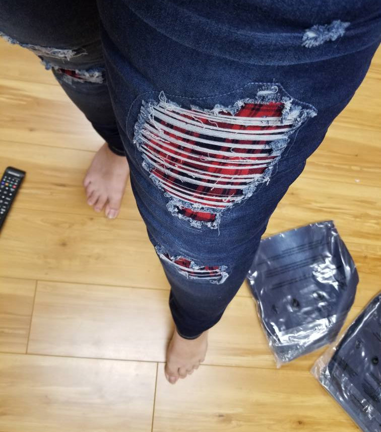 DISTRESSED STRETCH PATCH DENIM-Stay Foxy Boutique, Florissant, Missouri