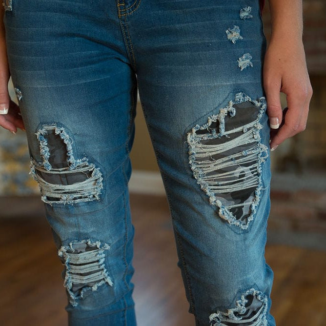 DISTRESSED STRETCH PATCH DENIM-Stay Foxy Boutique, Florissant, Missouri