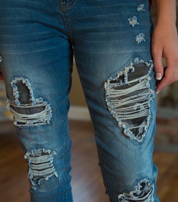 DISTRESSED STRETCH PATCH DENIM-Stay Foxy Boutique, Florissant, Missouri