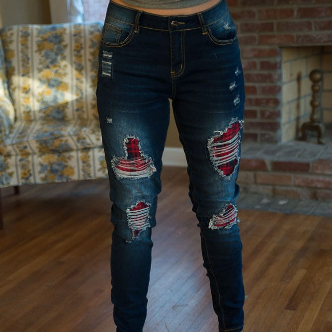 DISTRESSED STRETCH PATCH DENIM-Stay Foxy Boutique, Florissant, Missouri