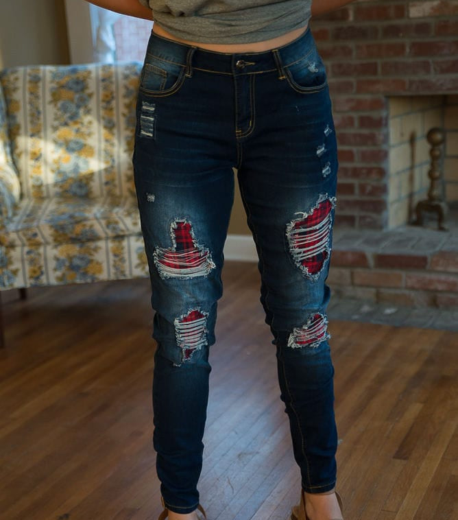 DISTRESSED STRETCH PATCH DENIM-Stay Foxy Boutique, Florissant, Missouri
