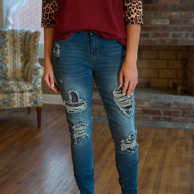 DISTRESSED STRETCH PATCH DENIM-Stay Foxy Boutique, Florissant, Missouri