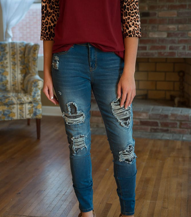 DISTRESSED STRETCH PATCH DENIM-Stay Foxy Boutique, Florissant, Missouri