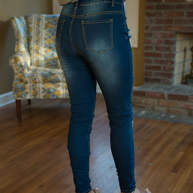 DISTRESSED STRETCH PATCH DENIM-Stay Foxy Boutique, Florissant, Missouri