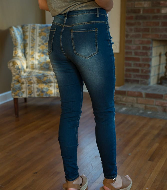 DISTRESSED STRETCH PATCH DENIM-Stay Foxy Boutique, Florissant, Missouri