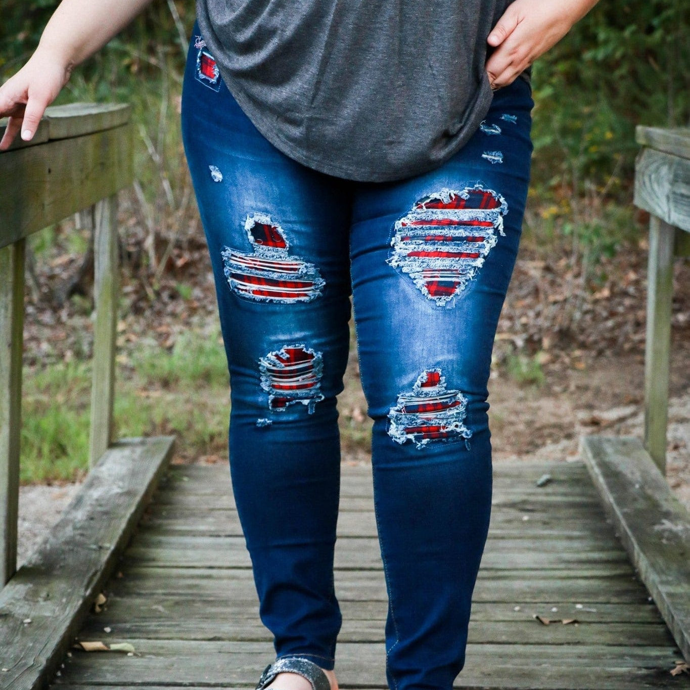 DISTRESSED STRETCH PATCH DENIM-Stay Foxy Boutique, Florissant, Missouri