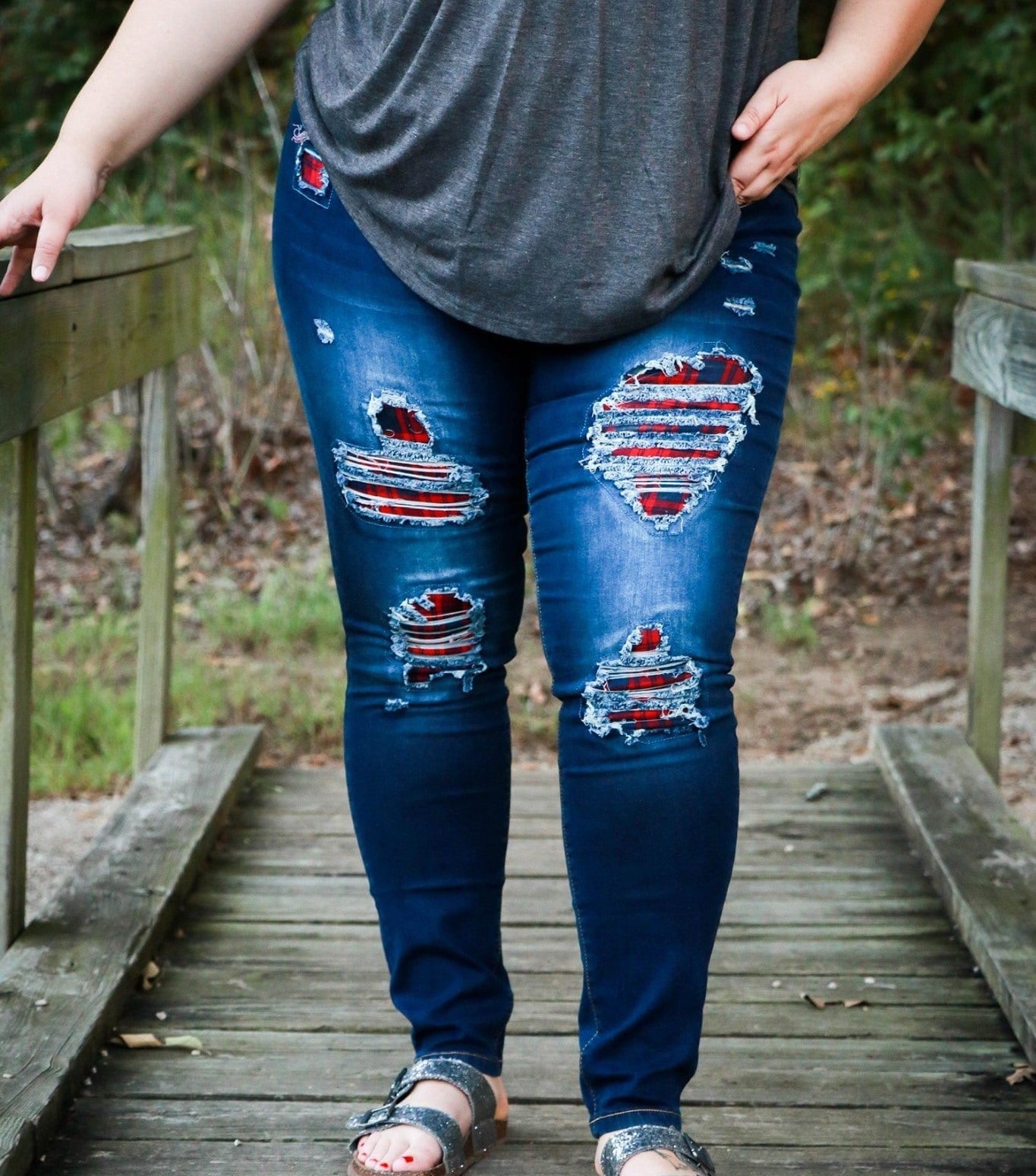 DISTRESSED STRETCH PATCH DENIM-Stay Foxy Boutique, Florissant, Missouri
