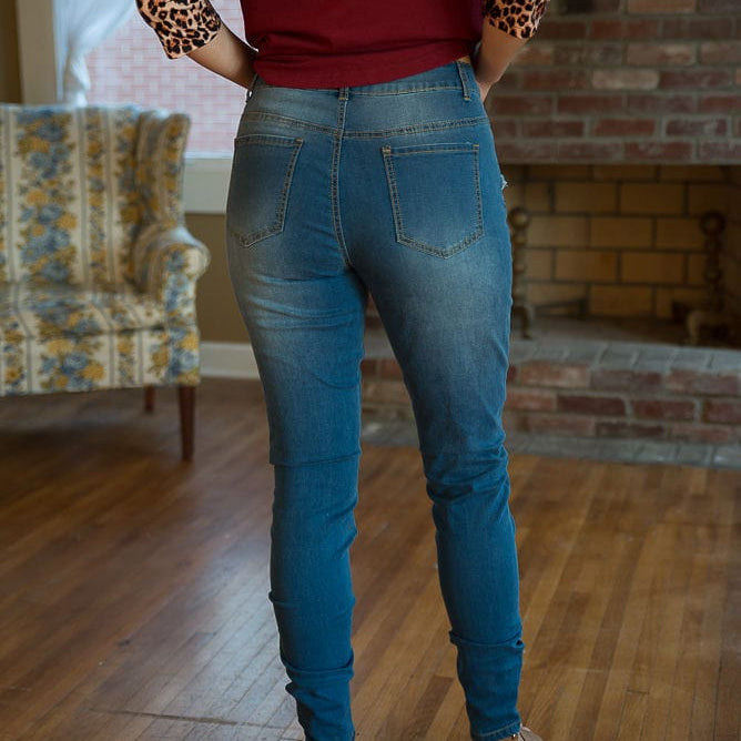DISTRESSED STRETCH PATCH DENIM-Stay Foxy Boutique, Florissant, Missouri