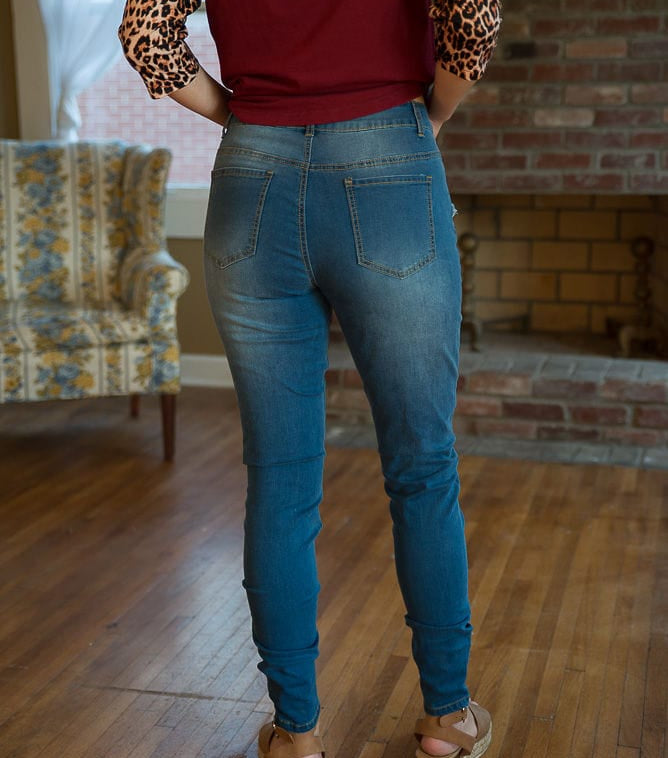 DISTRESSED STRETCH PATCH DENIM-Stay Foxy Boutique, Florissant, Missouri