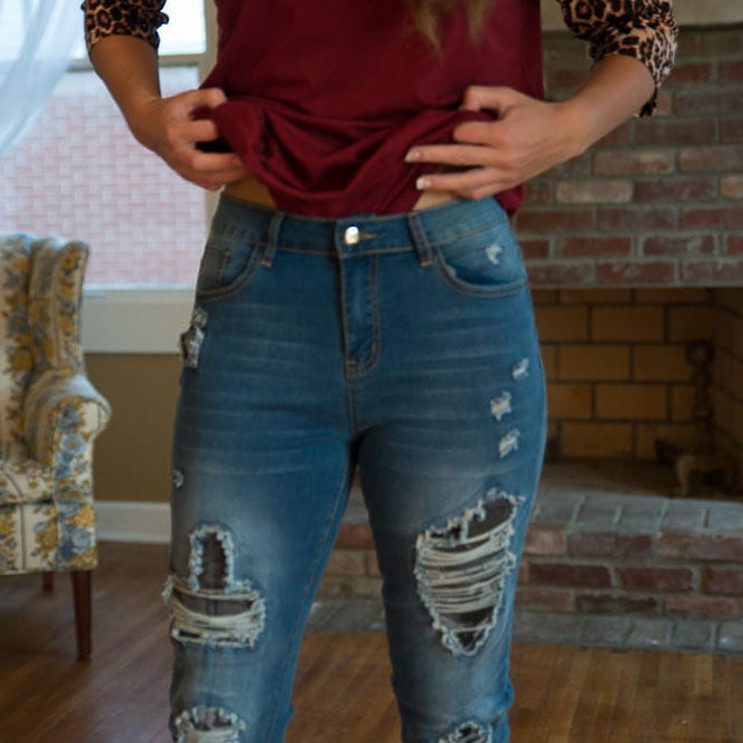 DISTRESSED STRETCH PATCH DENIM-Stay Foxy Boutique, Florissant, Missouri