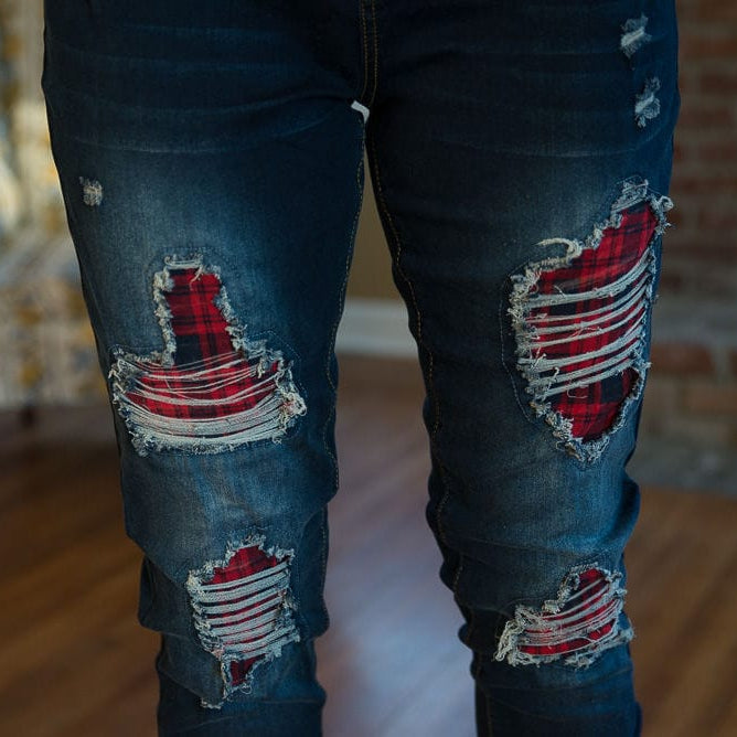 DISTRESSED STRETCH PATCH DENIM-Stay Foxy Boutique, Florissant, Missouri
