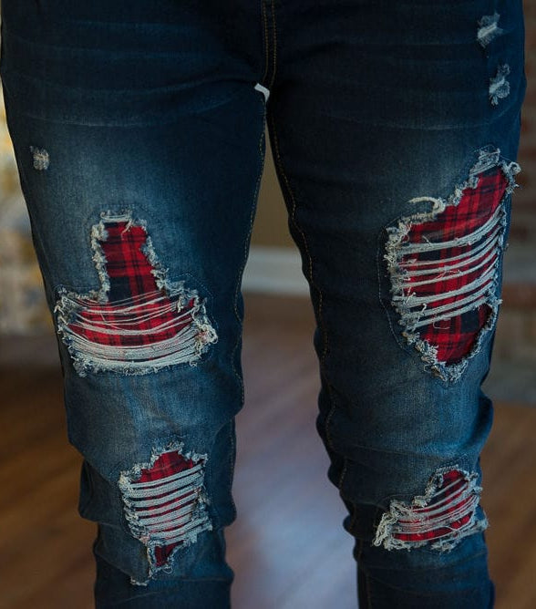 DISTRESSED STRETCH PATCH DENIM-Stay Foxy Boutique, Florissant, Missouri