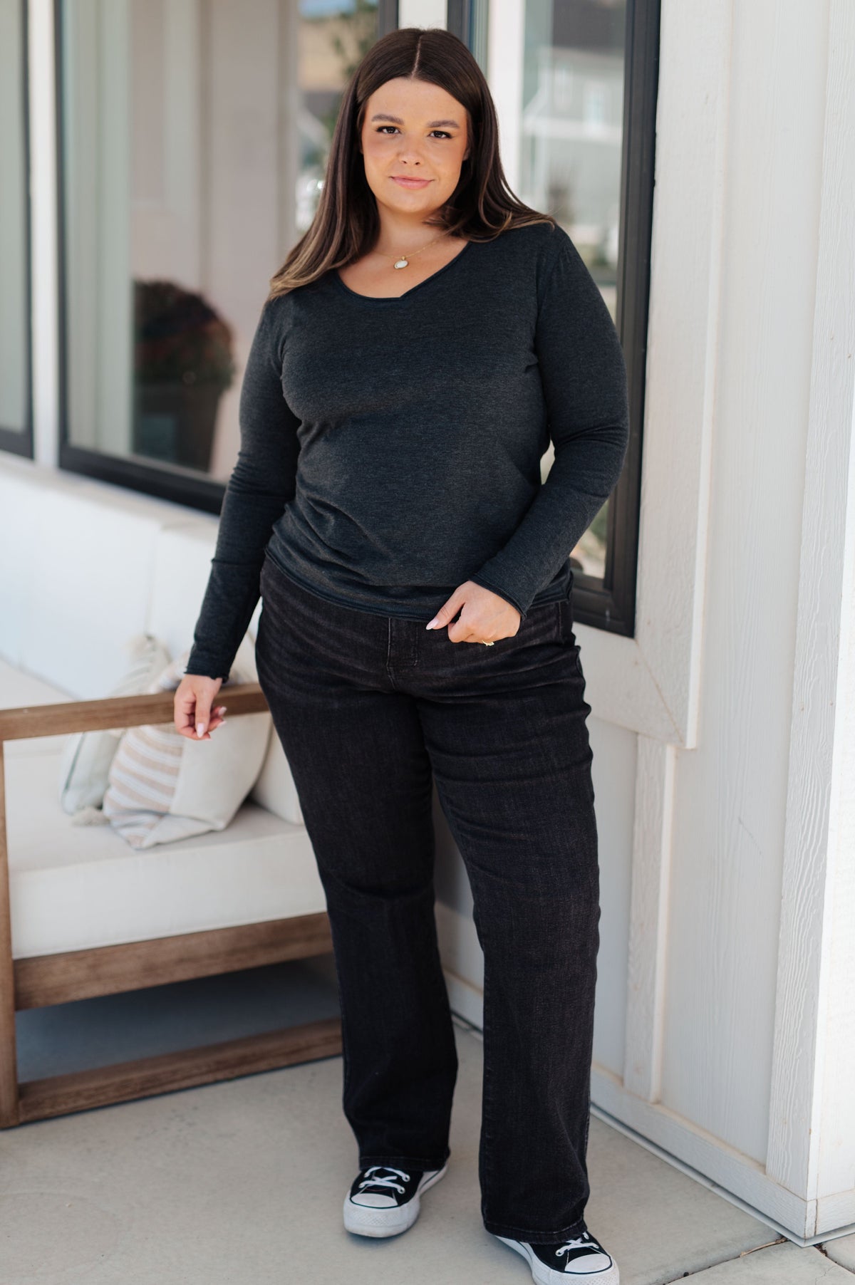 Alpine Raw Edge Long Sleeve Tee in Charcoal-Tops-Stay Foxy Boutique, Florissant, Missouri