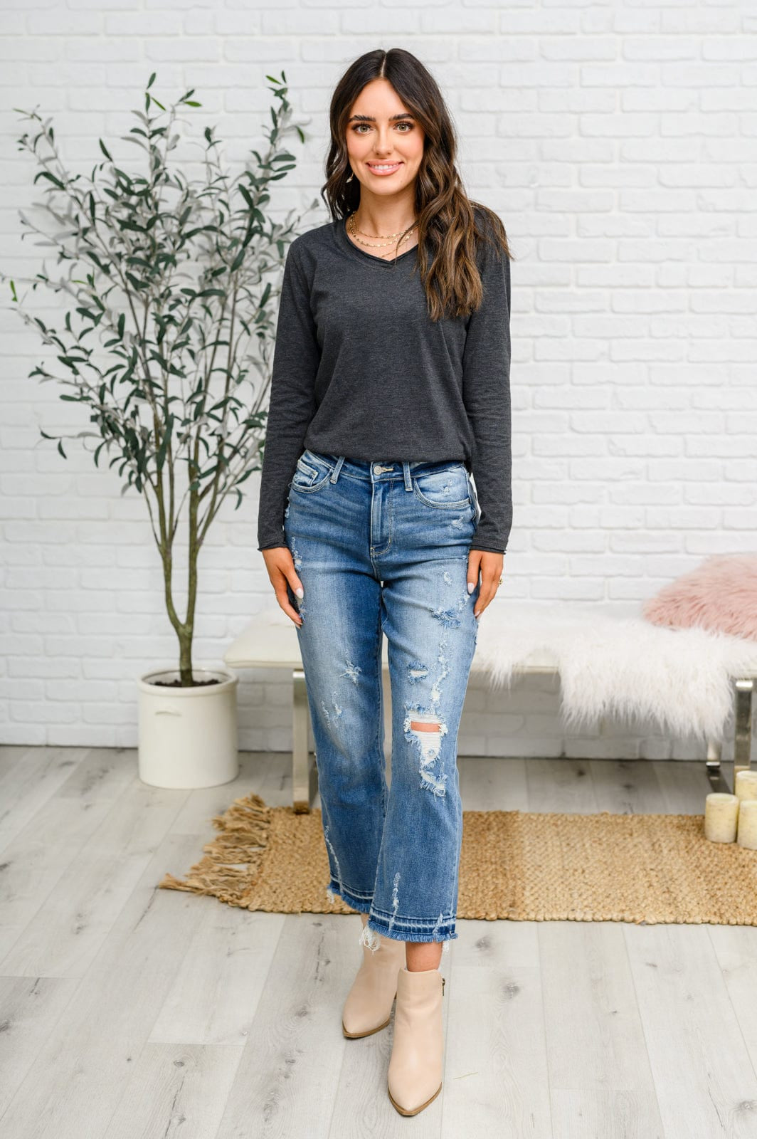 Alpine Raw Edge Long Sleeve Tee in Charcoal-Tops-Stay Foxy Boutique, Florissant, Missouri