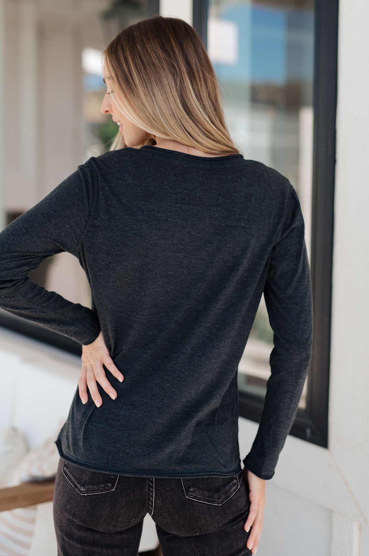 Alpine Raw Edge Long Sleeve Tee in Charcoal-Tops-Stay Foxy Boutique, Florissant, Missouri