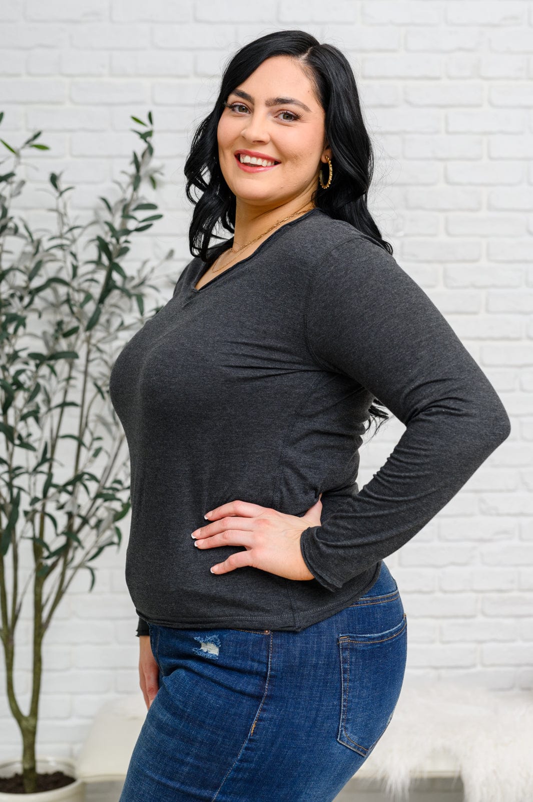 Alpine Raw Edge Long Sleeve Tee in Charcoal-Tops-Stay Foxy Boutique, Florissant, Missouri