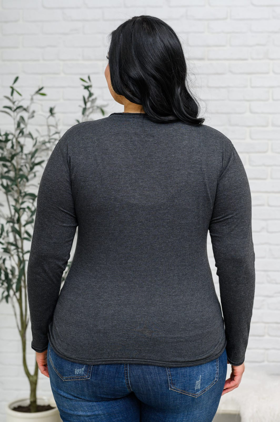 Alpine Raw Edge Long Sleeve Tee in Charcoal-Tops-Stay Foxy Boutique, Florissant, Missouri