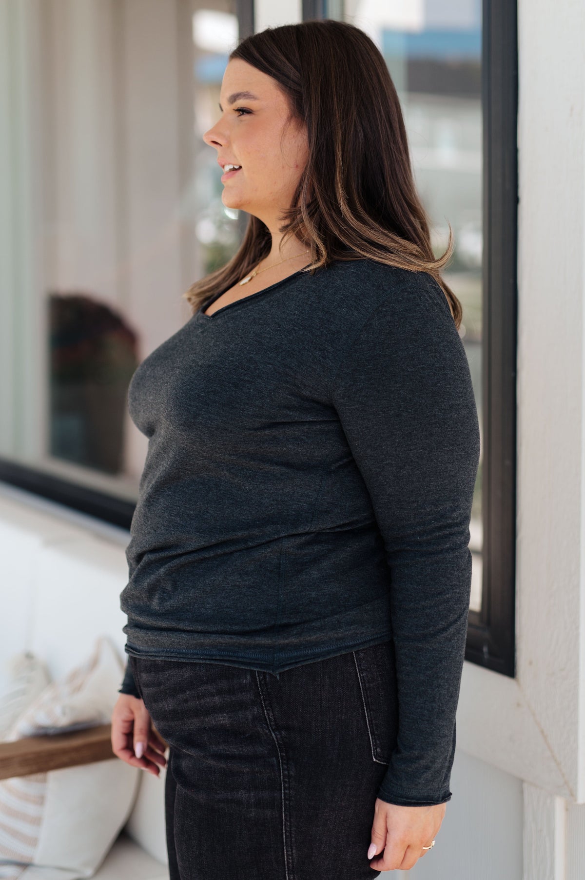 Alpine Raw Edge Long Sleeve Tee in Charcoal-Tops-Stay Foxy Boutique, Florissant, Missouri