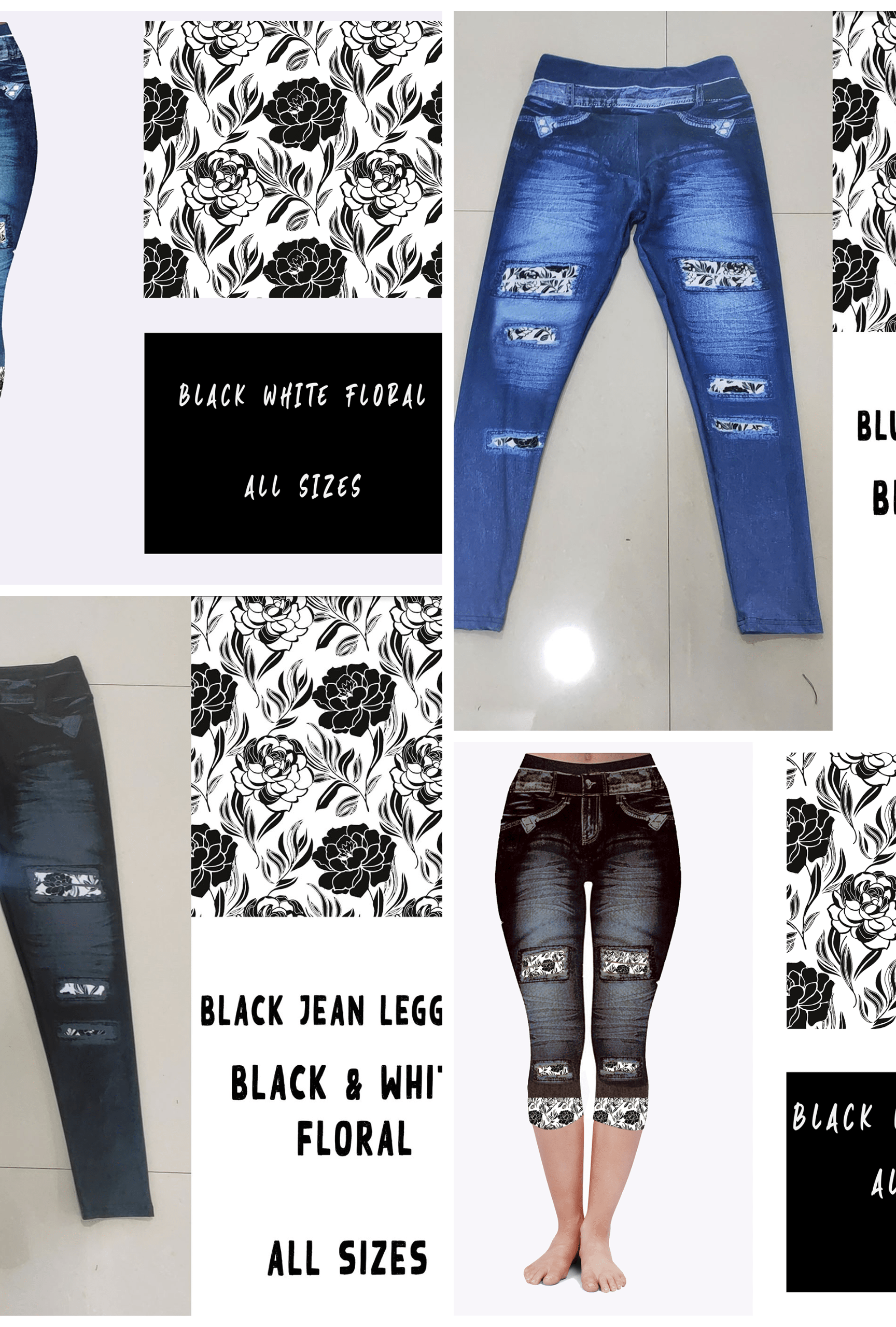 LEGGING JEAN RUN-BLACK WHITE FLORAL (ACTIVE BACK POCKETS)-Stay Foxy Boutique, Florissant, Missouri