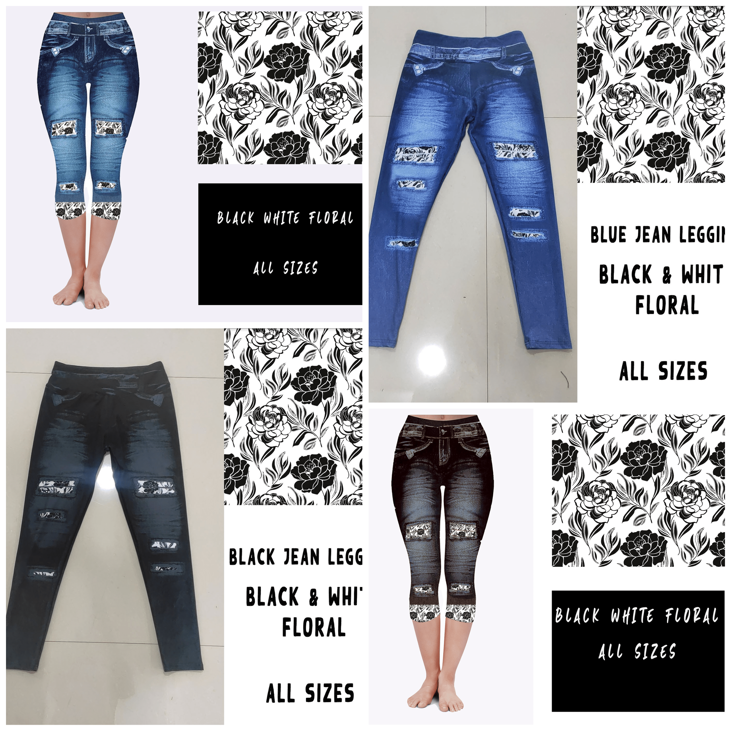 LEGGING JEAN RUN-BLACK WHITE FLORAL (ACTIVE BACK POCKETS)-Stay Foxy Boutique, Florissant, Missouri