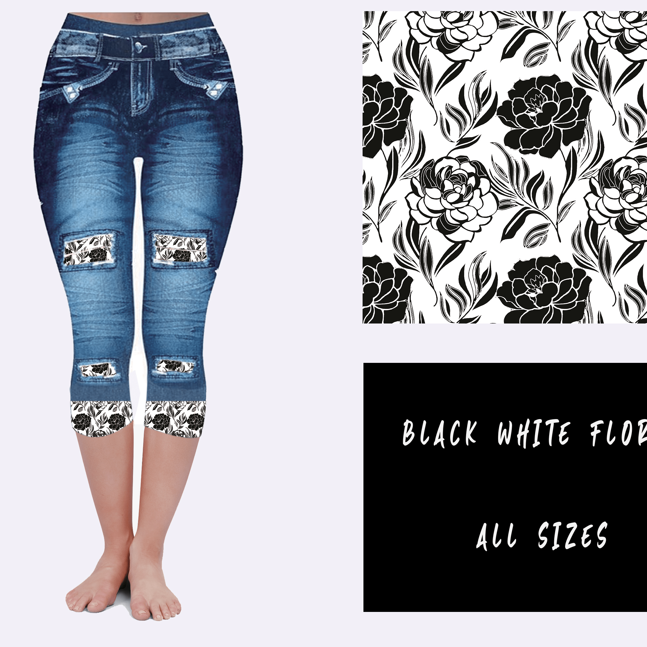 LEGGING JEAN RUN-BLACK WHITE FLORAL (ACTIVE BACK POCKETS)-Stay Foxy Boutique, Florissant, Missouri