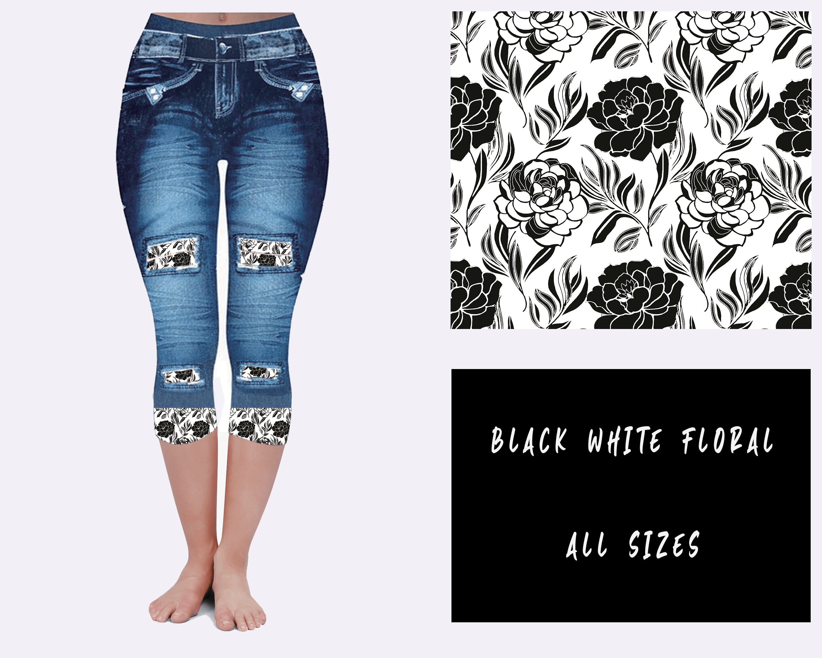 LEGGING JEAN RUN-BLACK WHITE FLORAL (ACTIVE BACK POCKETS)-Stay Foxy Boutique, Florissant, Missouri