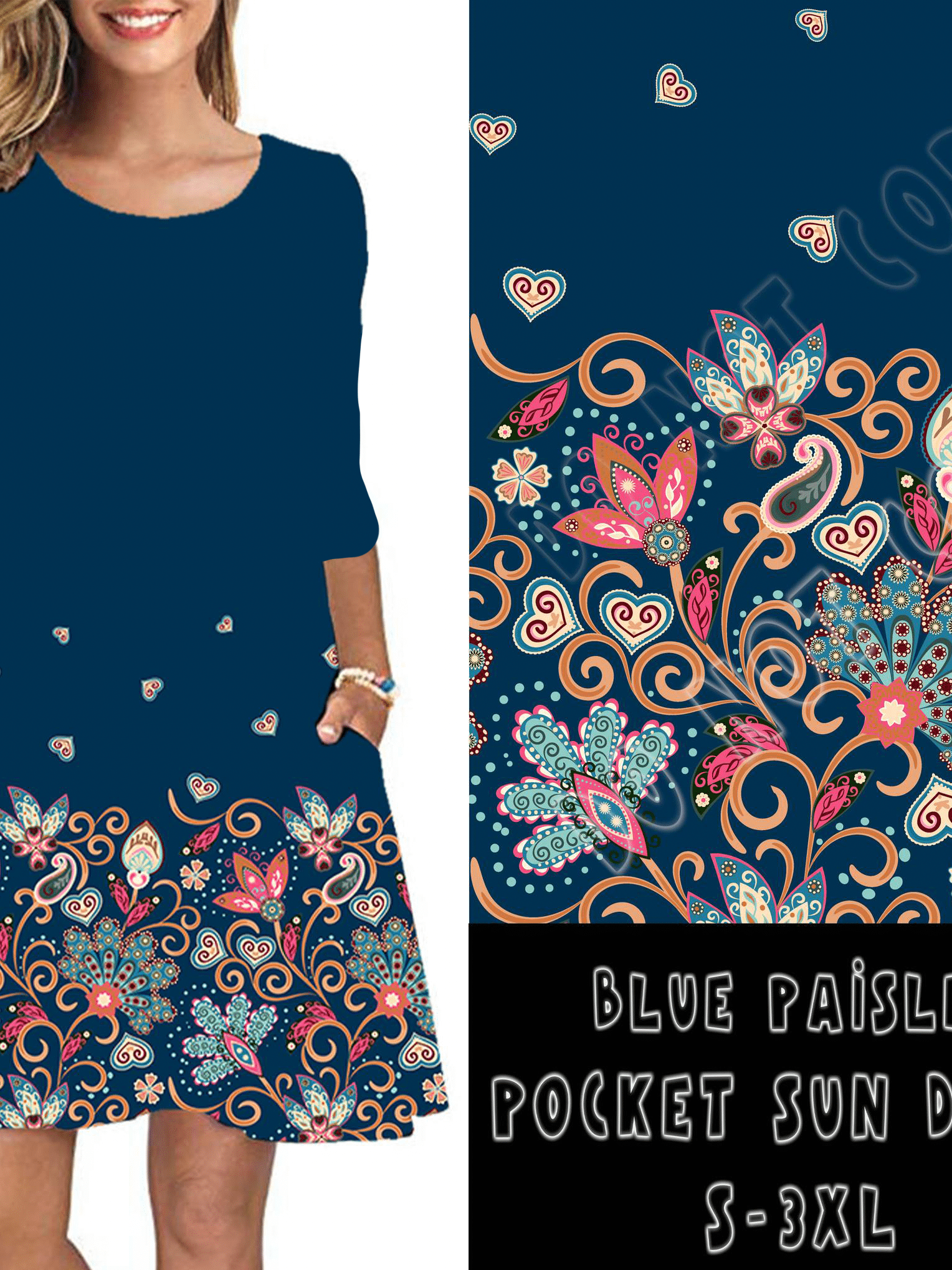 3/4 SLEEVE POCKET DRESS- BLUE PAISLEY-Stay Foxy Boutique, Florissant, Missouri