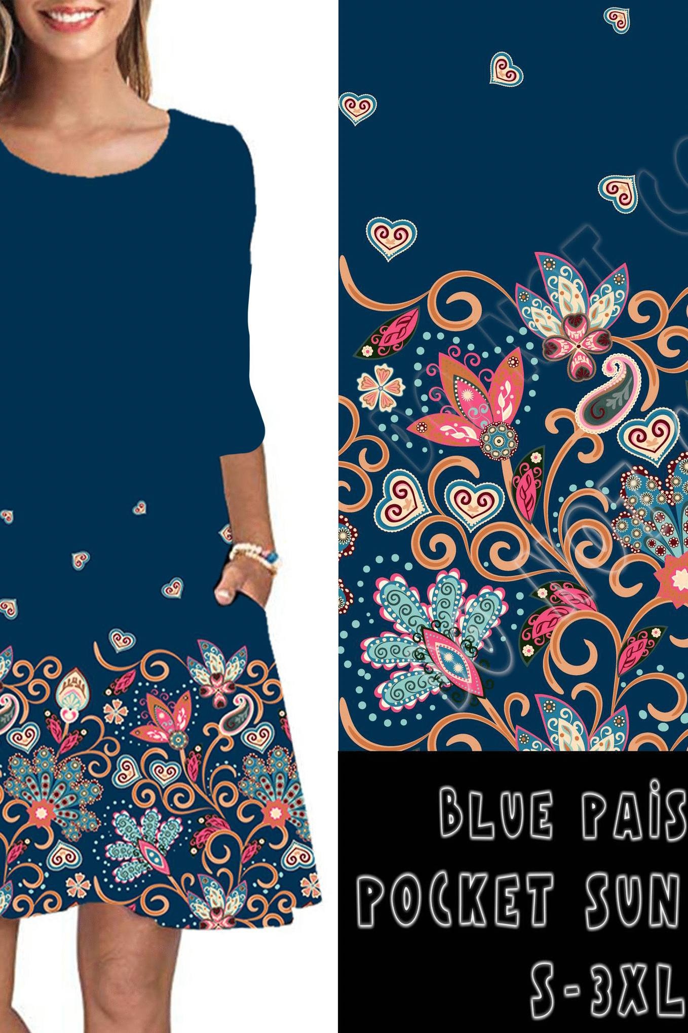 3/4 SLEEVE POCKET DRESS- BLUE PAISLEY-Stay Foxy Boutique, Florissant, Missouri