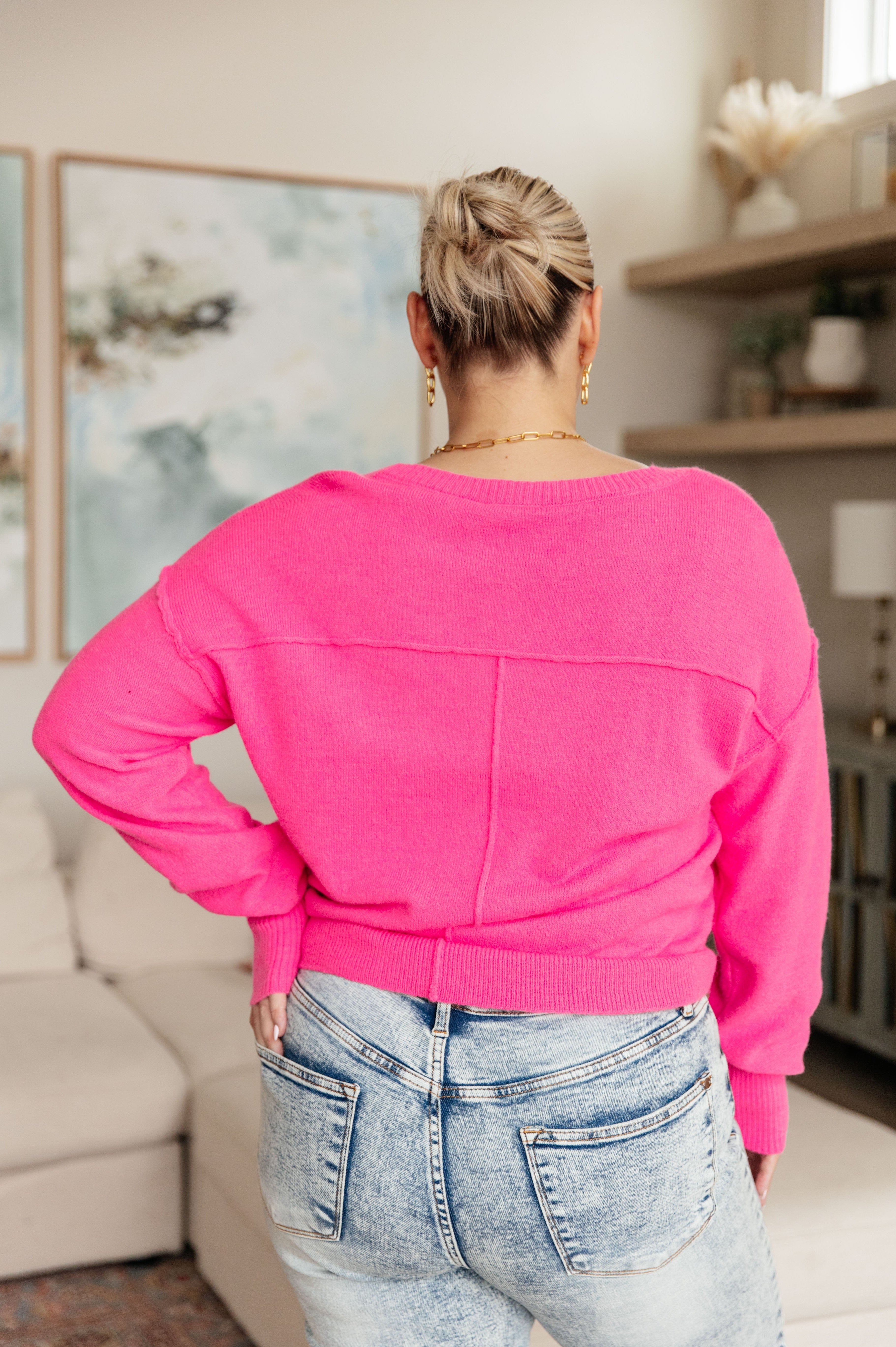 Back to Life V-Neck Sweater in Pink-Tops-Stay Foxy Boutique, Florissant, Missouri