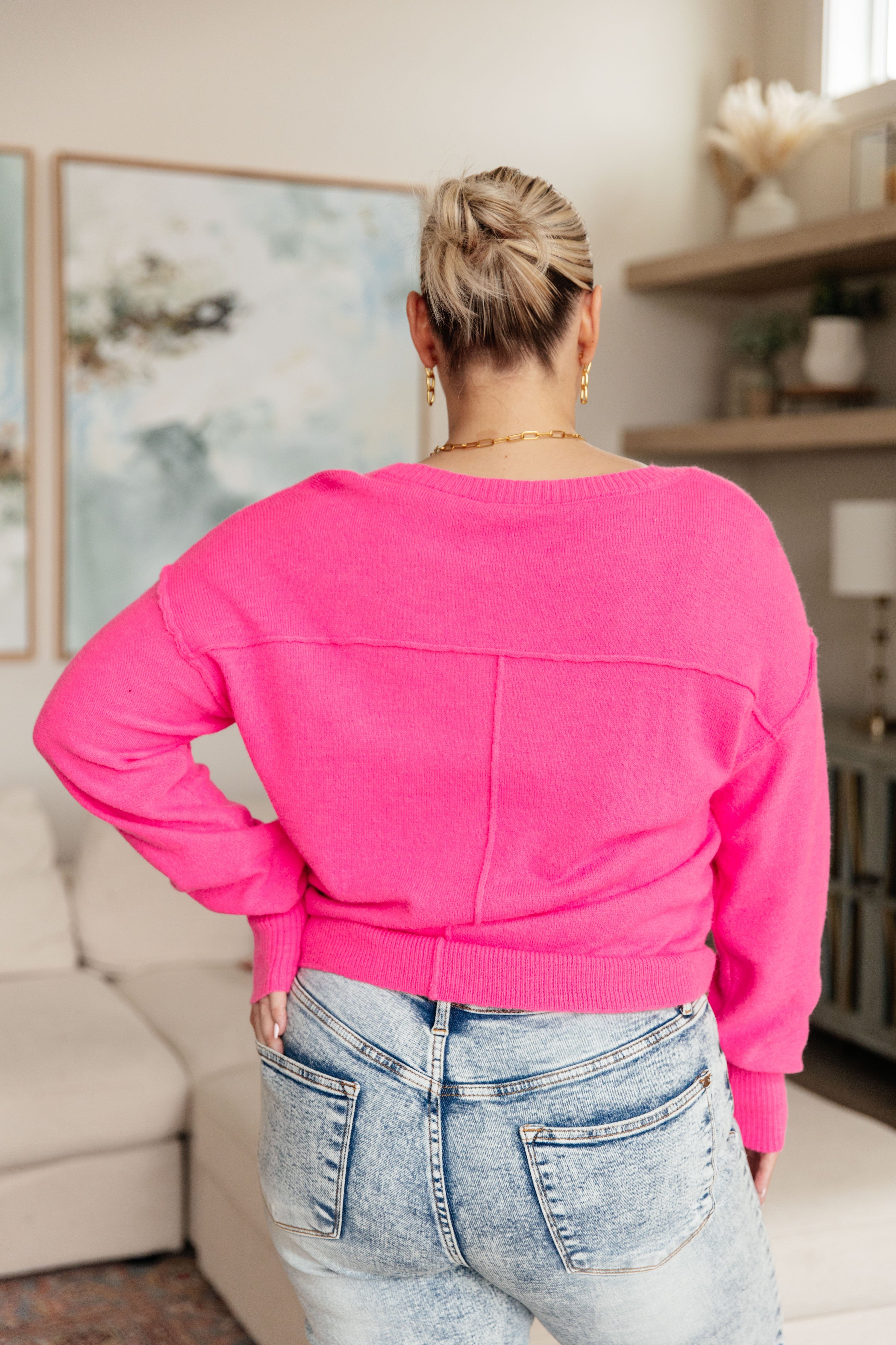 Back to Life V-Neck Sweater in Pink-Tops-Stay Foxy Boutique, Florissant, Missouri