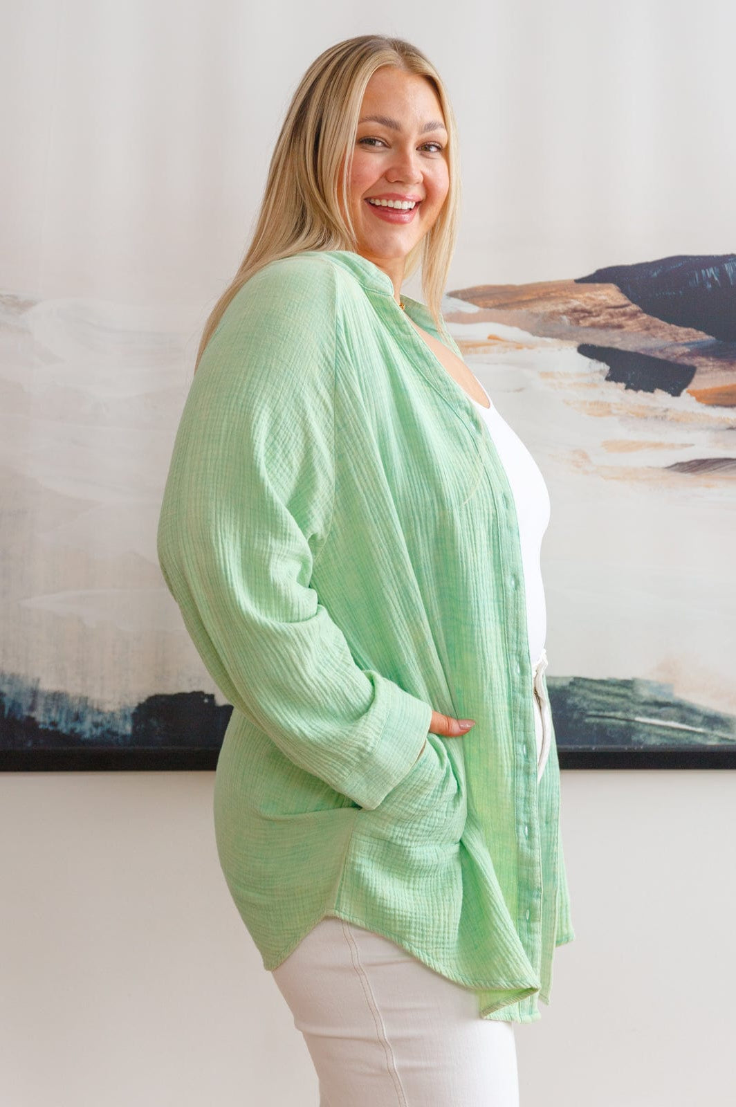Corey Button Up Top In Vintage Green-Womens-Stay Foxy Boutique, Florissant, Missouri